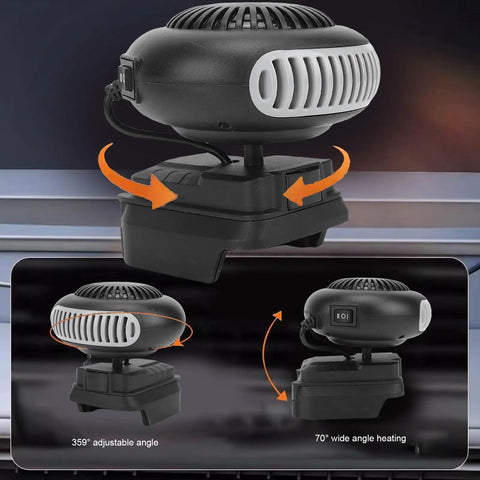 Portable 21V Car Heater And Defroster With 170W Rapid Warm Up Fan, 359° adjustable angle and 70° wide heating.