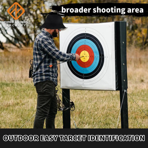 Person adjusting Pro Grade Backyard Archery Target Paper 31.5 By 31.5 Inches Thick 14mm 120g Wood Free Paper 10 ring scoring