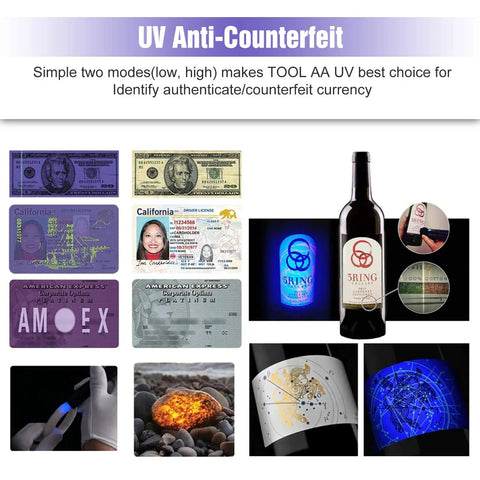 365 Nanometer UV Black Light Flashlight With IP68 Waterproof Build showing detection of counterfeit items and currency with 3W beam
