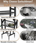 Comparison of Garbuildman garden hose reel features with heavy-duty metal, storage rack, and movable anchors against others.