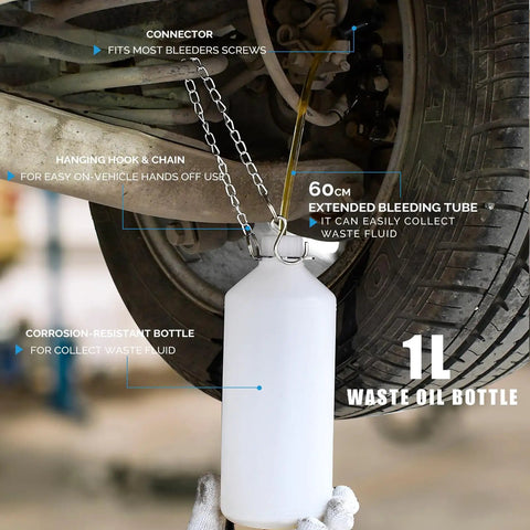 1L waste oil bottle in use with extended tube for 3 Liter Manual Brake Bleeder Pump With 1 Liter Waste Oil Bottle One Man Pro Brake Bleeder Kit For Chrysler Dodge Ford Jeep Infiniti Mazda Jaguar And More Perfect For Home Auto Maintenance