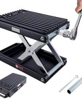 Beefy Heavy Duty 1400 Lb Motorcycle Lift Scissor Jack with Handle and Ratchet Wrench Crank for Dirt Bikes and ATVs, carbon steel.