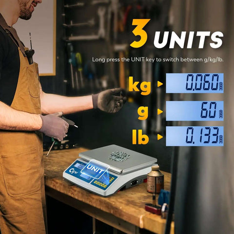 Industrial Countin Scale 30kg Capacity, Ultra-Precise Digital Inventory Scale on workbench with display showing kg/g/lb options
