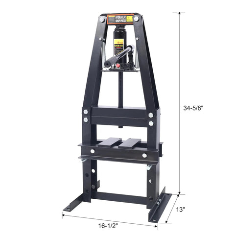 Badass 6 Ton Hydraulic Shop Press A Frame Design With Adjustable Benchtop Stand And Heavy Duty Press Plates Forged From Tough Carbon Manganese Steel For Quick Bearing And Bushing Installation Jobs In Black, side view showing dimensions.