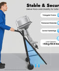 Man using Outboard Boat Motor Stand On Wheels Heavy Duty Steel Engine Cart For Repair Maintenance And Storage in garage