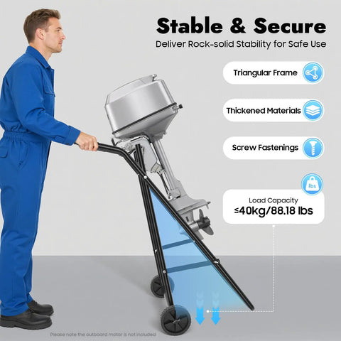 Man using Outboard Boat Motor Stand On Wheels Heavy Duty Steel Engine Cart For Repair Maintenance And Storage in garage