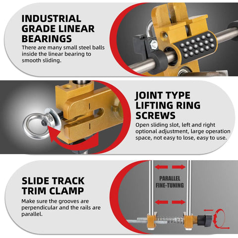 Close-up of industrial grade linear bearings and lifting ring screws in the No Sweat Door Lock Installation Kit for easy mortising.