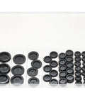 DIY Ready All In One Rubber Grommet Kit For Wiring With 51 Black Grommets In Six Hole Sizes shown in plastic case