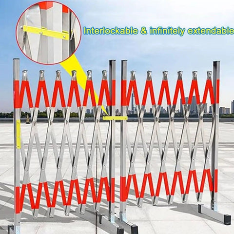 Tough Expandable Metal Barricade And Portable Folding Security Gate For Quick Road Closure Setup Plus Rock Solid Scissor Barrier, showing interlock feature.