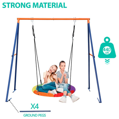 Heavy Duty A Frame Swing Stand With Ground Stakes For Saucer And Web Swings Extra Large Full Steel Frame 440 Lb Capacity shown with children seated