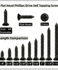 Flat Head Phillips Drive Self Tapping Screws of varying lengths and diameters for wood, showcasing size and design details.