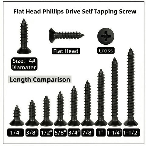 Flat Head Phillips Drive Self Tapping Screws of varying lengths and diameters for wood, showcasing size and design details.