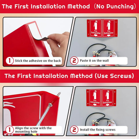 Installation guide showing 8 Pack 3D Fire Extinguisher Signs With Down Arrow For Easy Emergency Guidance, Double Sided Acrylic V Sign, 11.34 By 6.3 Inches, Pre Drilled Mounting Holes, Includes Screws With Washers And Tape For Home Office Safety mounted with adhesive or screws.