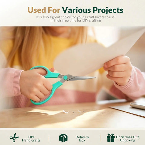 Child using 8.5 Inch All Purpose Scissors Set For Office Home Sewing And Crafts With Soft Comfort Grip For Right Or Left Hand 3 Pack Multicolor Sharp Stainless Steel Blades For Paper Cardboard Fabric Photos And More on paper project