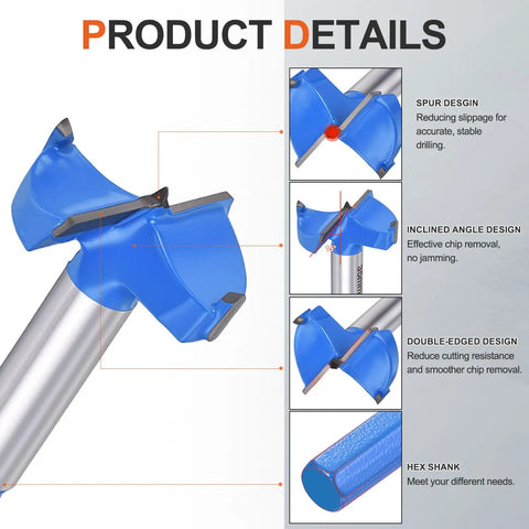 Built Tough Forstner Drill Bits Two Pack 1.5 Inch 38mm Tungsten Carbide Tipped detail image showcasing spur, angle design.