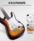 39 Inch Full Size Electric Guitar Kit Sunburst With Amplifier Gig Bag Capo Strap Extra Strings Tuner Cable Picks And HSS Pickups For Beginners And All Skill Levels showing sunburst body with H-S-S pickups and 5-way switch.