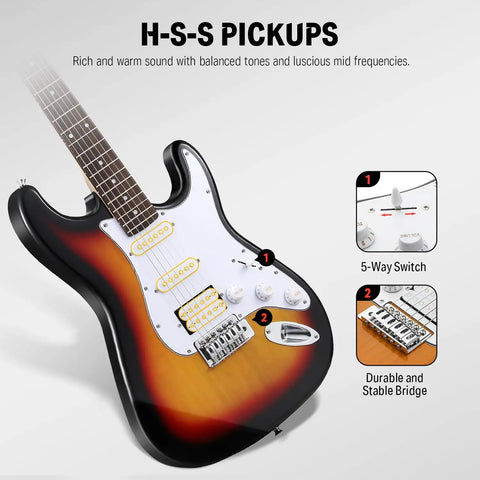 39 Inch Full Size Electric Guitar Kit Sunburst With Amplifier Gig Bag Capo Strap Extra Strings Tuner Cable Picks And HSS Pickups For Beginners And All Skill Levels showing sunburst body with H-S-S pickups and 5-way switch.