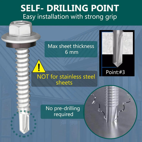 Beefy Heavy Duty Self Drilling Roof Screws 12 By 3 Quarter Inch With Hex Head And EPDM Washer Silver Coated Carbon Steel