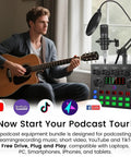 Man playing guitar with All In One Podcast Setup Bundle With Studio Grade Microphone And Voice Changer, Plug And Play Live Sound Card Audio Interface For Laptop For Vlog And Livestreams On YouTube And TikTok, Smart Noise Reduction And 360 Degree Omnidirectional Capture displayed.