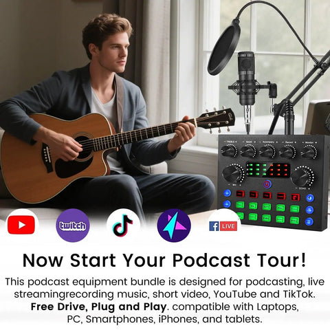 Man playing guitar with All In One Podcast Setup Bundle With Studio Grade Microphone And Voice Changer, Plug And Play Live Sound Card Audio Interface For Laptop For Vlog And Livestreams On YouTube And TikTok, Smart Noise Reduction And 360 Degree Omnidirectional Capture displayed.