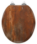 Round rusty metal Toilet Seat top view with soft-close hinges and rustic finish for bathroom use.
