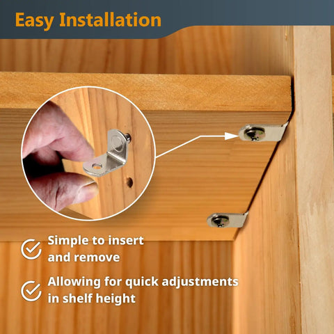 Heavy Duty Nickel Plated Shelf Brackets 50 Pack Quarter Inch L Shaped Supports for easy manual installation on wooden shelves.