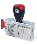 No Sweat 12 Phrase Date Roller Stamp With Rapid Swap Bands For Pulling Updates Across Six Calendar Years Solid For Crushing Office Backlogs And Keeping Your Paperwork Moving Smooth, showing a metal roller stamp with multiple phrases.