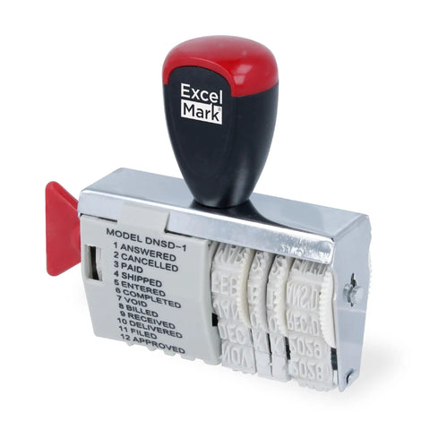 No Sweat 12 Phrase Date Roller Stamp With Rapid Swap Bands For Pulling Updates Across Six Calendar Years Solid For Crushing Office Backlogs And Keeping Your Paperwork Moving Smooth, showing a metal roller stamp with multiple phrases.