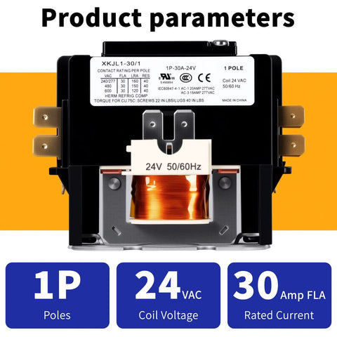 One Pole 30 Amp 24V Coil Air Conditioner Condenser Contactor with copper coil, front view showing product parameters