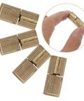 Close-up of Brass Hidden Hinge Kit 8 Pack Go To For Jewelry Boxes Cabinets And Crafts Cylindrical Barrel Design Easy Install Vintage
