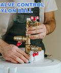 Hands adjusting a brass valve connected to a nylon ball, demonstrating use of Built Tough One Inch Nylon Solid Balls Ten Pack PA Plastic Bearing Spheres.