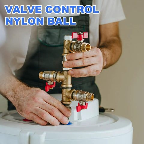 Hands adjusting a brass valve connected to a nylon ball, demonstrating use of Built Tough One Inch Nylon Solid Balls Ten Pack PA Plastic Bearing Spheres.