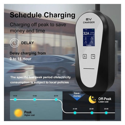 Top Shelf 32 Amp 7Kw Portable EV Charger Level 2 Electric Vehicle Charging Station For Teslas Model S 3 X Y, showing schedule charging feature.