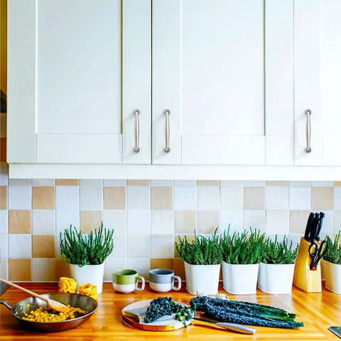 Heavy Duty Brushed Satin Nickel Cabinet Pulls Set on white kitchen cabinets, solid zinc alloy handles, easy install hardware