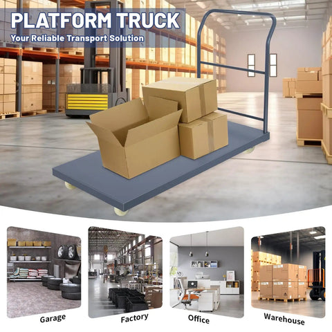 Beefy 60x30 Flatbed Cart With 2000 Lb Capacity, Steel Flat Dolly, Swivel Wheels, Rugged Industrial Utility Cart For Warehouse, Moving Luggage, And Tough Jobs with boxes in warehouse