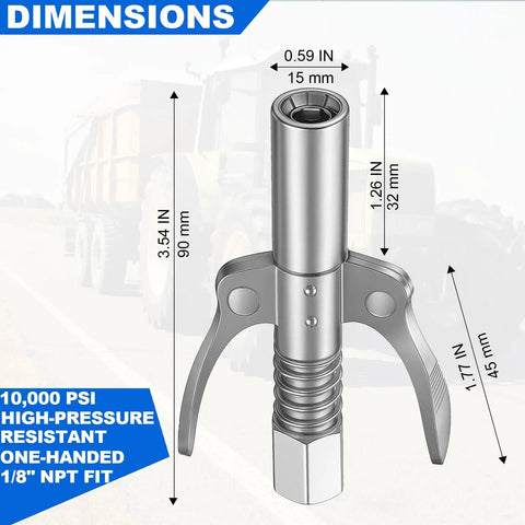 Heavy Duty Double Handle Grease Gun Coupler With Six Claw Quick Lock No Spill Leak Proof Fittings dimensions illustration