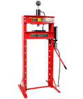 Heavy Duty 30 Ton Air Hydraulic Shop Press With Gauge And Sturdy H Frame Rig For Tough Garage Mods And Pro Mechanic Grinds Featuring Smooth Adjustable Height From Zero Point Two To Thirty Six Inches In Fiery Red, front view with gauge and hydraulic pump.