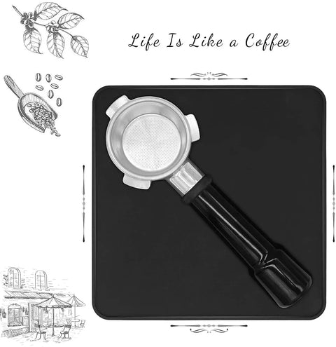 Coffee Tamper Mat For Portafilter 8x8 Inches Silicone Tamping Pad Non Slip Heat Resistant Barista Accessory For Espresso Machines Easy Wipe Clean Perfect For Home Or Cafe with portafilter on black mat