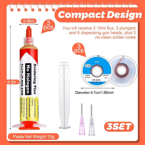 6 Pcs 10Ml No Clean Solder Flux Paste And Wick Kit With Plunger And Dispensing Tips, Solder Wick Braid for Electronics