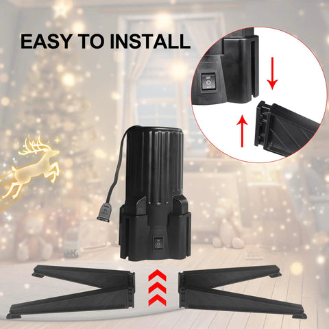 Indoor scene with black stand and two adjustable fittings for artificial trees, Christmas background, remote control.