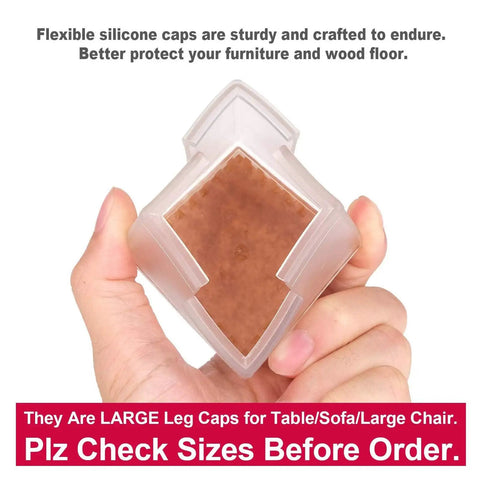 Close-up of clear two-inch square table leg protector with felt pad in hand, fits 49-53mm legs, Square Table Leg Protectors For Large Chairs And Sofas Fits From One And Fifteen Sixteenths Inches To Two And One Sixteenth Inches 49mm To 53mm Two Inch Silicone Leg Caps With Felt Pads Clear 16 Pack No Slip Floor Safe Easy Fit.