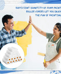 Couple painting wall with 120 Count 4 Inch Foam Paint Roller Refills For Walls And Edges High Density Mini Foam Covers Deliver Smooth Even Coats On Flat Surfaces Quick Change Tool For Home DIY Painting White.