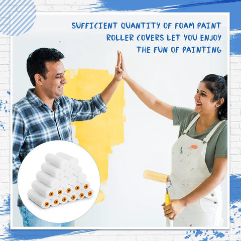 Couple painting wall with 120 Count 4 Inch Foam Paint Roller Refills For Walls And Edges High Density Mini Foam Covers Deliver Smooth Even Coats On Flat Surfaces Quick Change Tool For Home DIY Painting White.