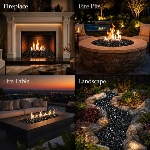 Onyx Black Fire Glass Rocks Half Inch High Luster Reflective Tempered Glass for Fire Pits and Fireplaces Indoors or Outdoors