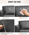 Step-by-step use of Black Leather Repair Tape Kit for Furniture and Car Interiors on a couch with a tear.
