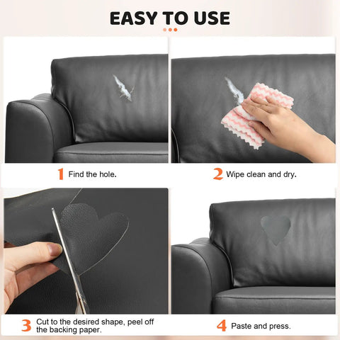 Step-by-step use of Black Leather Repair Tape Kit for Furniture and Car Interiors on a couch with a tear.