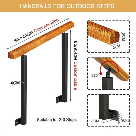 Rock Solid Outdoor Wooden Handrail For 1 To 3 Steps Hella Strong Wall Mount Banister, customizable height, durable wood, 85/95CM tall.