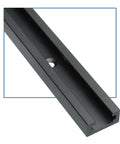 Close-up of Beefy 48 Inch Aluminum T Track For Woodworking With Double Cut Profile Universal Design Predrilled Mounting Holes Black Anodized