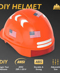 Orange ANSI Z89.1 adjustable helmet with American flag decals, showing durable build and DIY customization features.