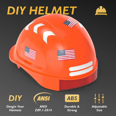 Orange ANSI Z89.1 adjustable helmet with American flag decals, showing durable build and DIY customization features.